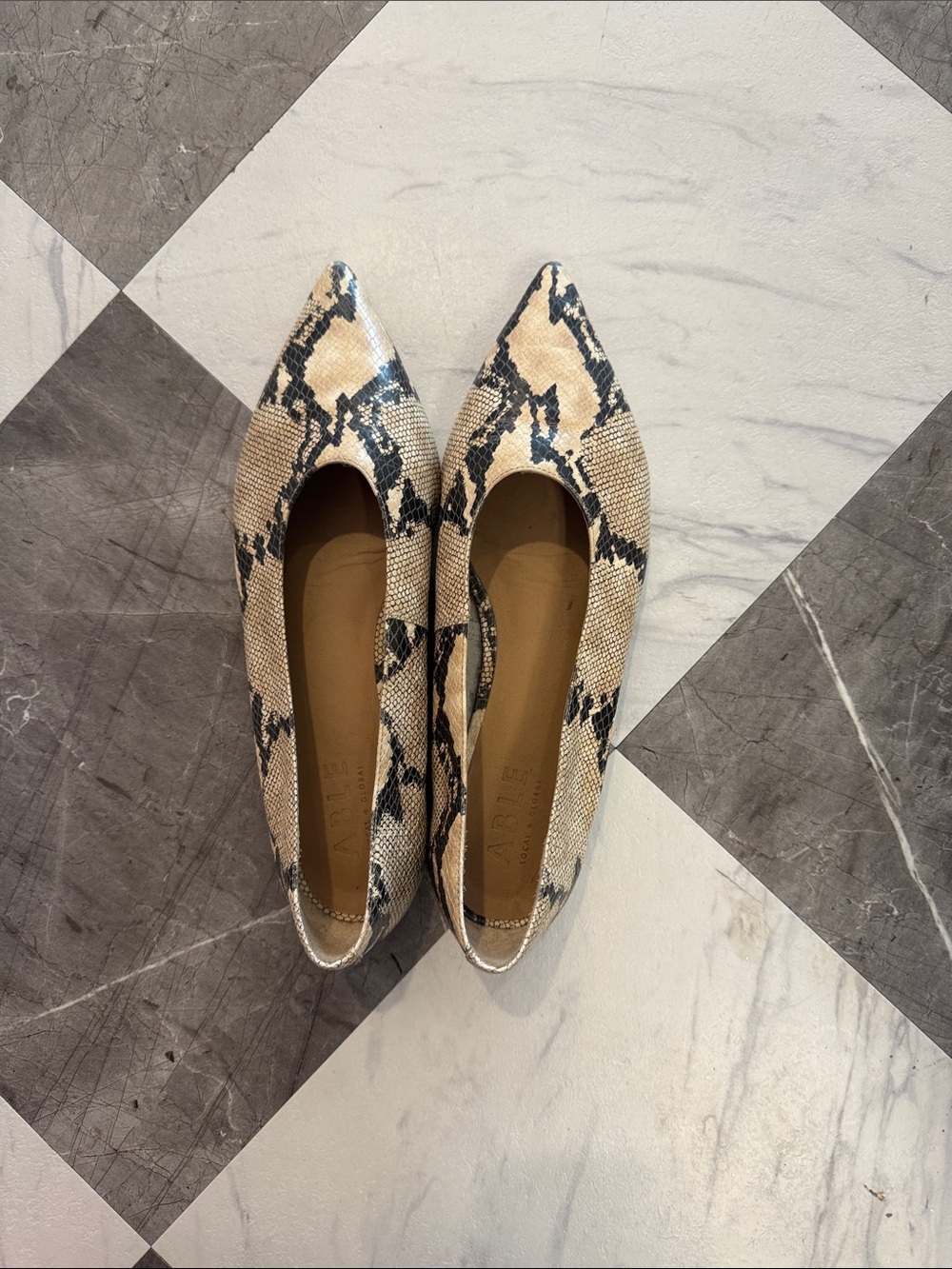 Able Snake-Print Pointed Toe Flats in Beige and Black